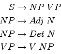 \begin{displaymath}\begin{split}S & \rightarrow NP \thickspace VP  NP & \right...
...hickspace N  VP & \rightarrow V \thickspace NP  \end{split}\end{displaymath}